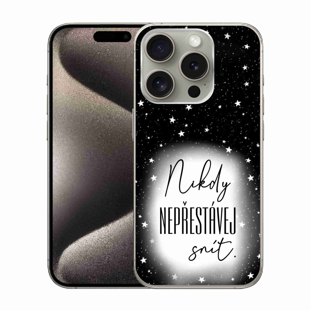 Gelový kryt mmCase na iPhone 15 Pro - citát 1 bíločerné pozadí