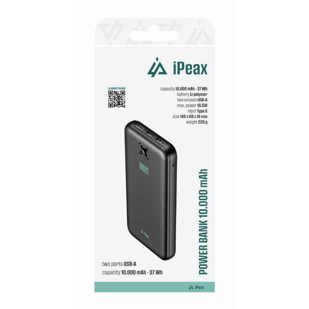 iPEAX Powerbanka 10 000 mAh 10,5W, 2xUSB-A - černá