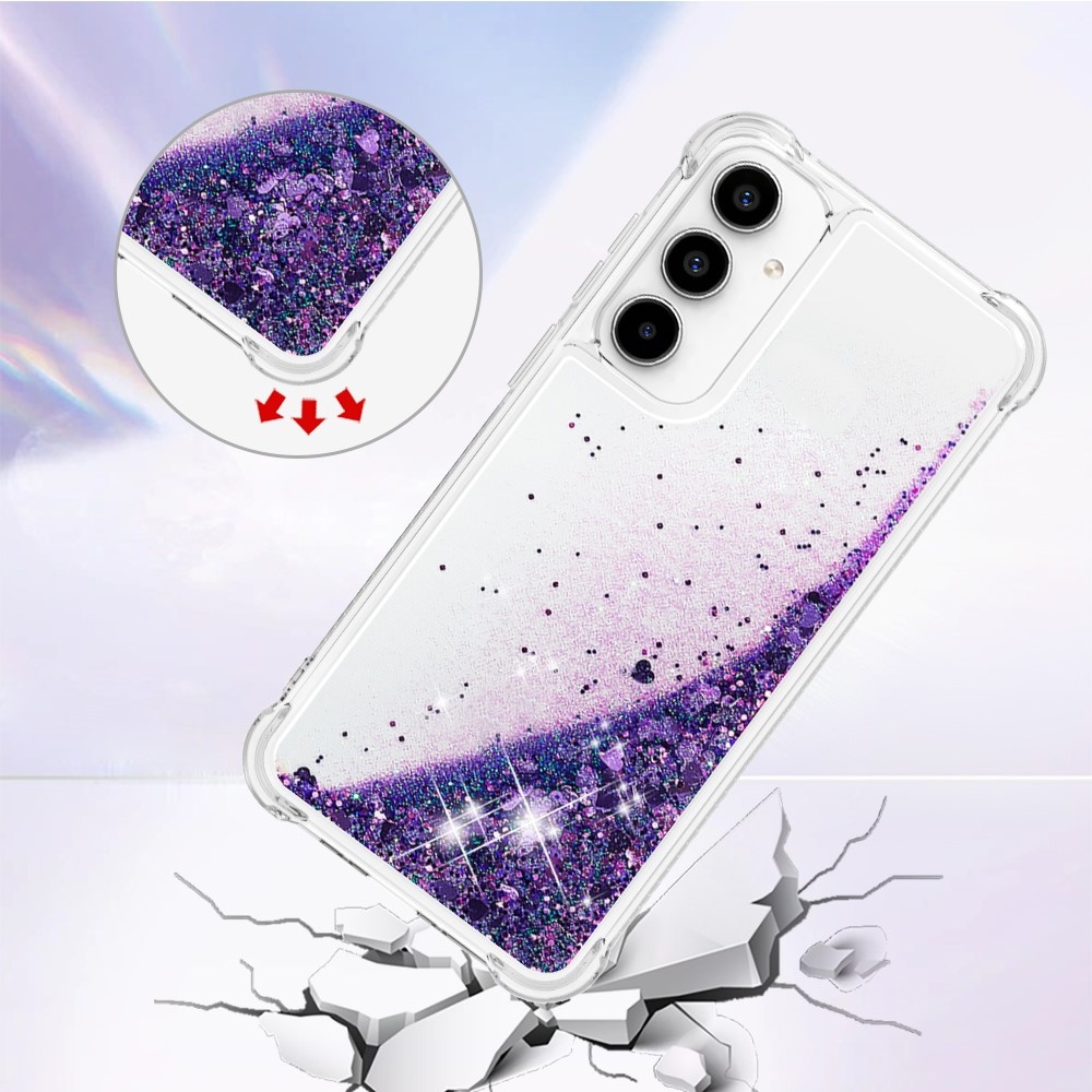 Glitter gelový přesýpací obal na Samsung Galaxy A35 5G - tmavěfialový/srdíčka