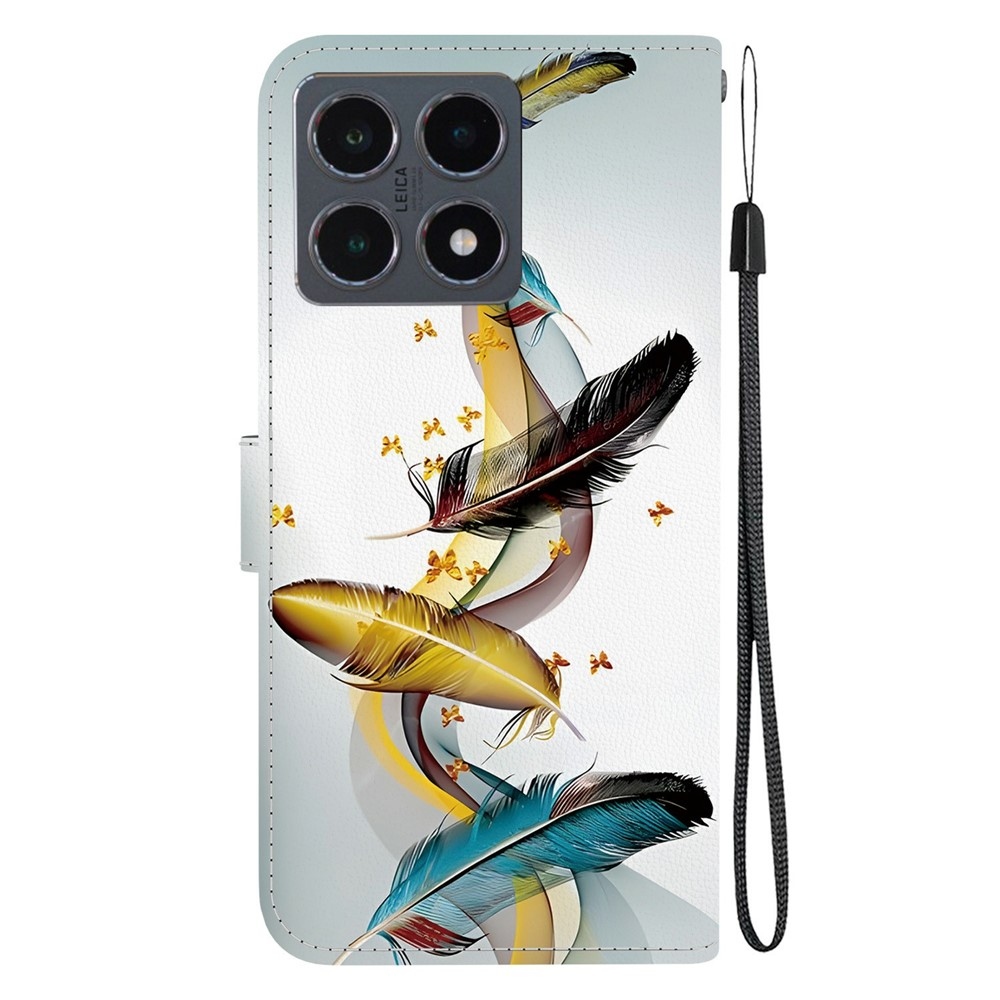 Versatile knížkové pouzdro na Xiaomi 15T - zlatá a modrá pírka