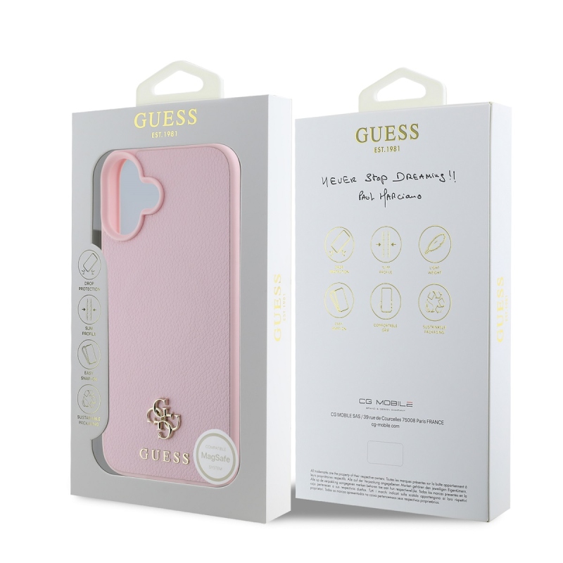 Guess PU Grained 4G Small Metal Logo MagSafe Zadní Kryt pro iPhone 16 Pink