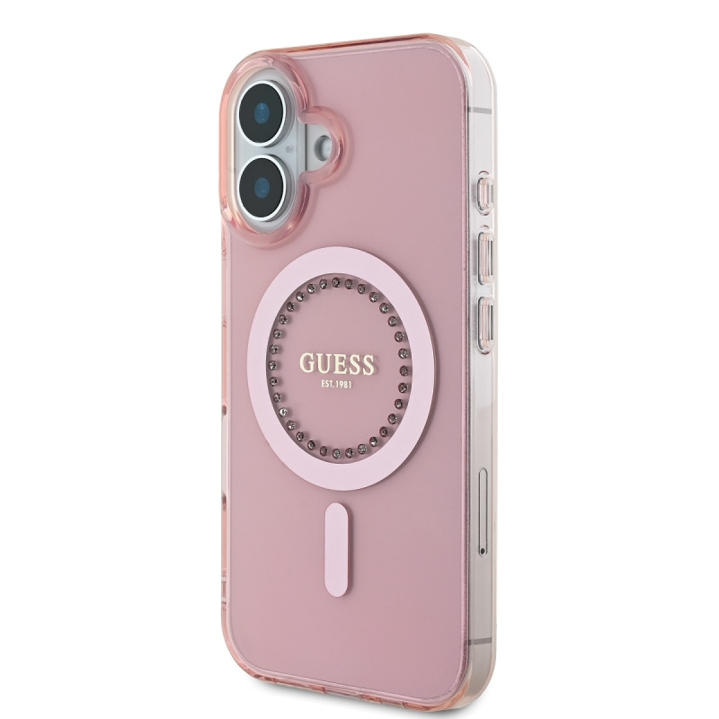 Guess IML Rhinestones Ring MagSafe Zadní Kryt pro iPhone 16 Pink