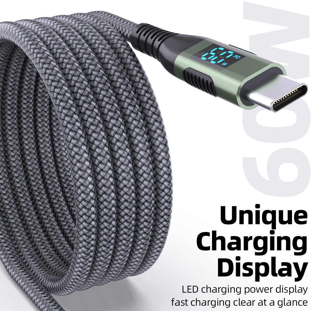 Nylonový kabel USB-C / USB-C s displejem 3m 60W - šedý