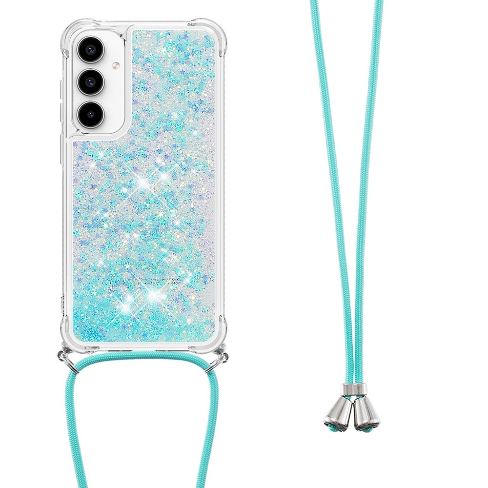 Glitters přesýpací gelový obal se šňůrkou na Samsung Galaxy A56 5G - modrý/hvězdičky