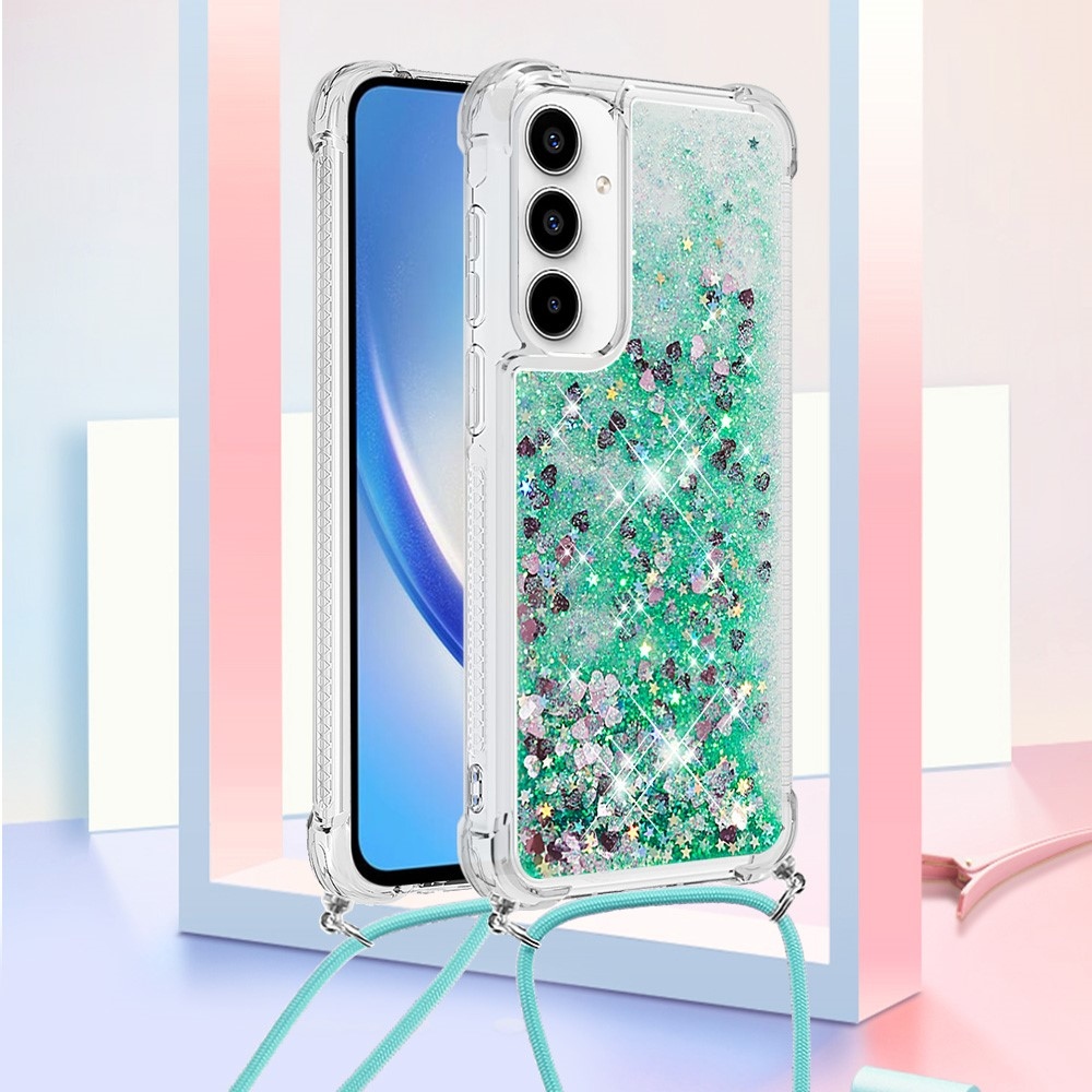 Glitters přesýpací gelový obal se šňůrkou na Samsung Galaxy A36 5G - zelený/srdíčka