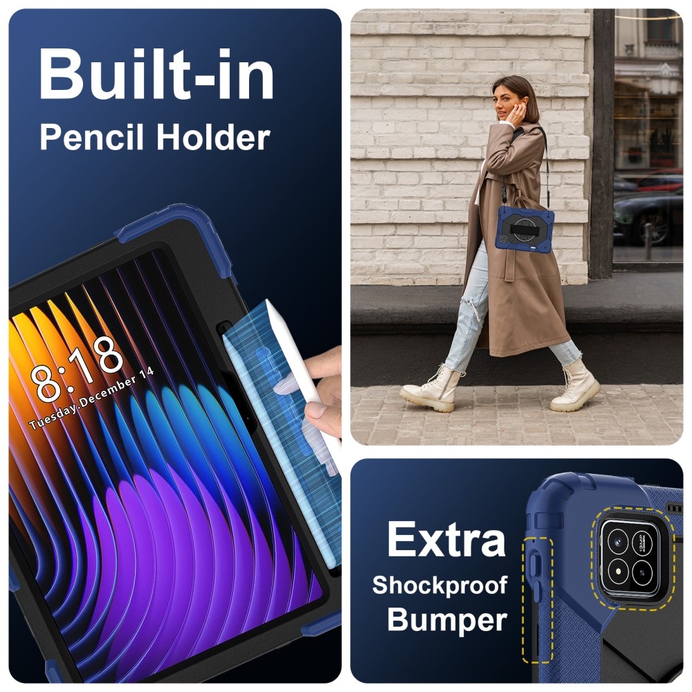 Strap odolný kryt s držákem na ruku a ramenním popruhem na Xiaomi Pad 7/7 Pro - tmavěmodrý/černý