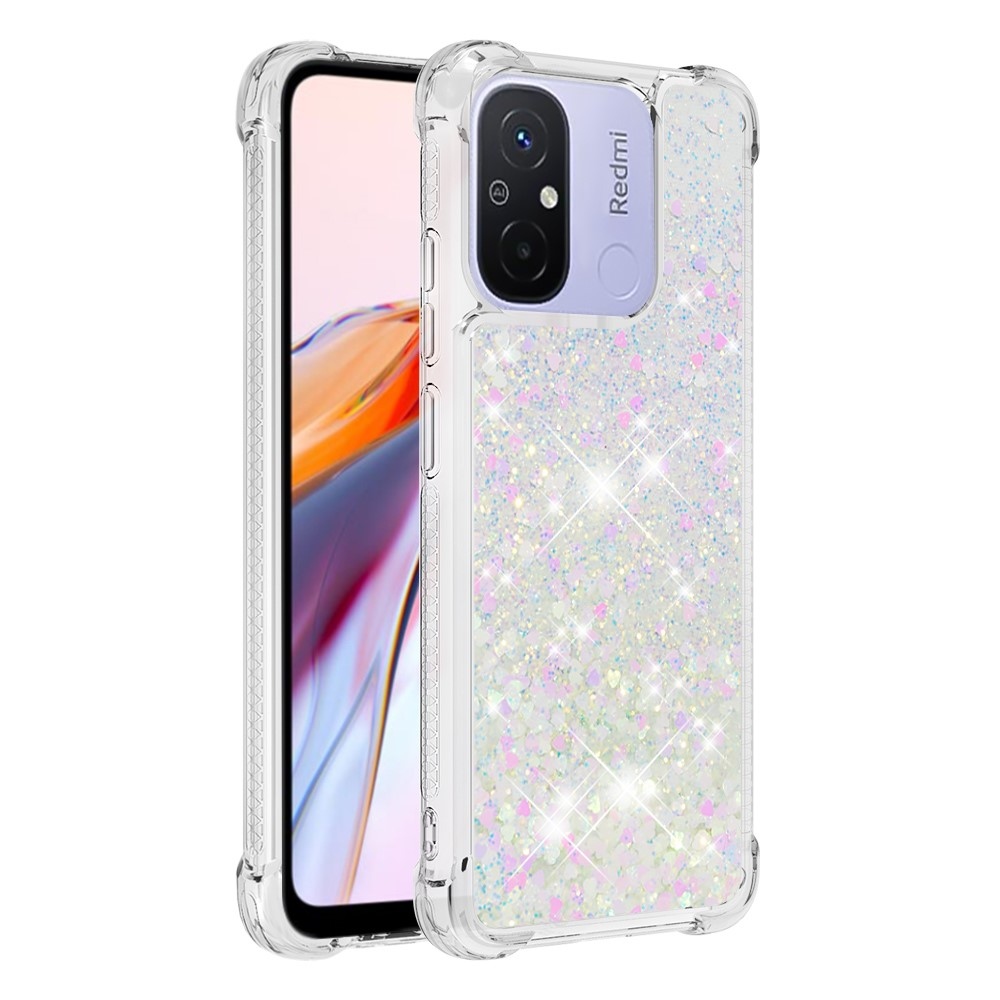 Glitter přesýpací gelový obal na Xiaomi Redmi 12C - růžovostříbrný/srdíčka