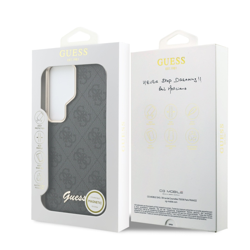 Guess PU 4G Script Metal Logo Magnetic Zadní Kryt pro Samsung Galaxy S26 Ultra Black