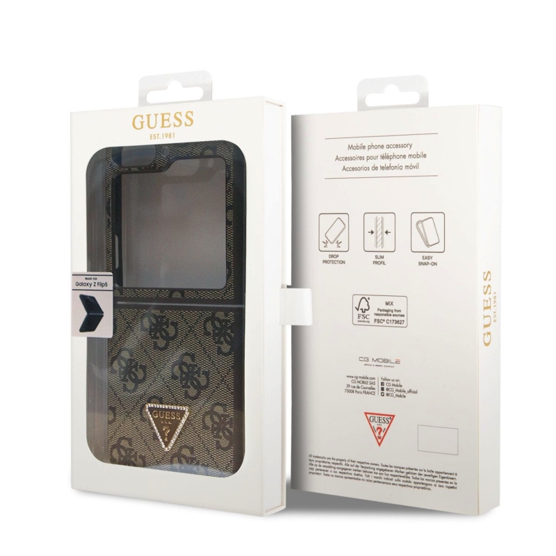 Guess 4G PU Leather Triangle Zadní Kryt pro Samsung Galaxy Z Flip 5 Brown