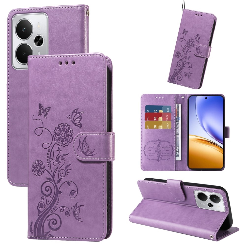Flowery knížkové pouzdro na Realme 14 5G - fialové