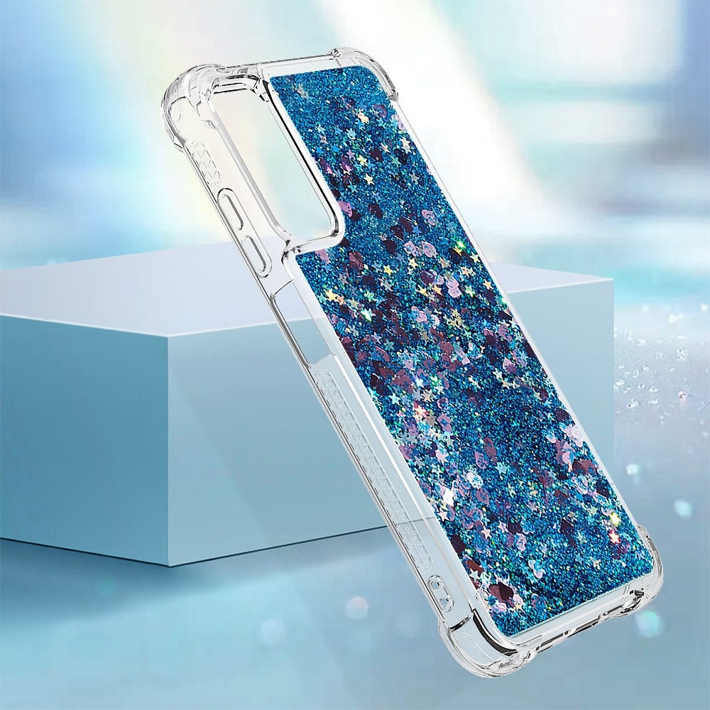 Glitter gelový přesýpací obal na Samsung Galaxy A05s - modrý/srdíčka