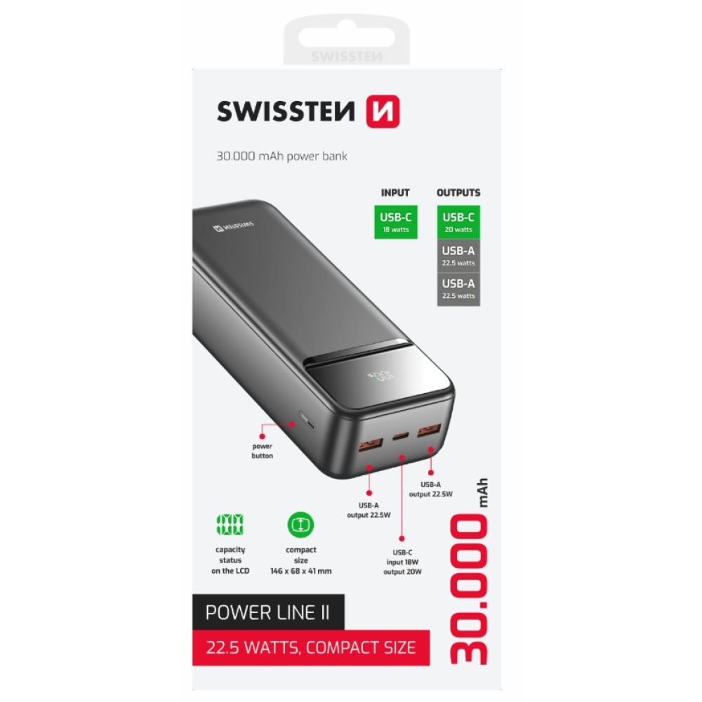 Powerbanka Swissten Power Line II 30000 mAh - černá