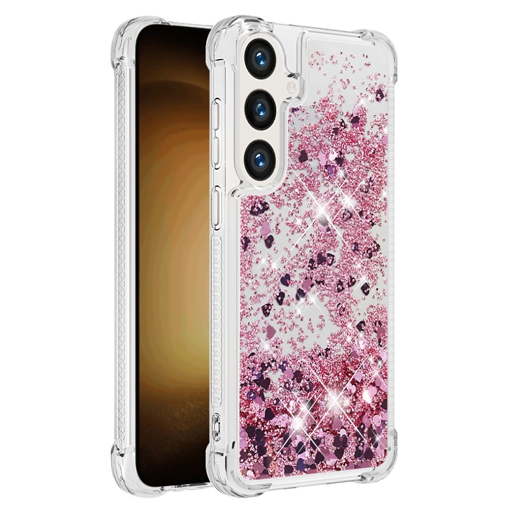 Glitter přesýpací gelový obal na Samsung Galaxy S24 - růžovozlatý/srdíčka