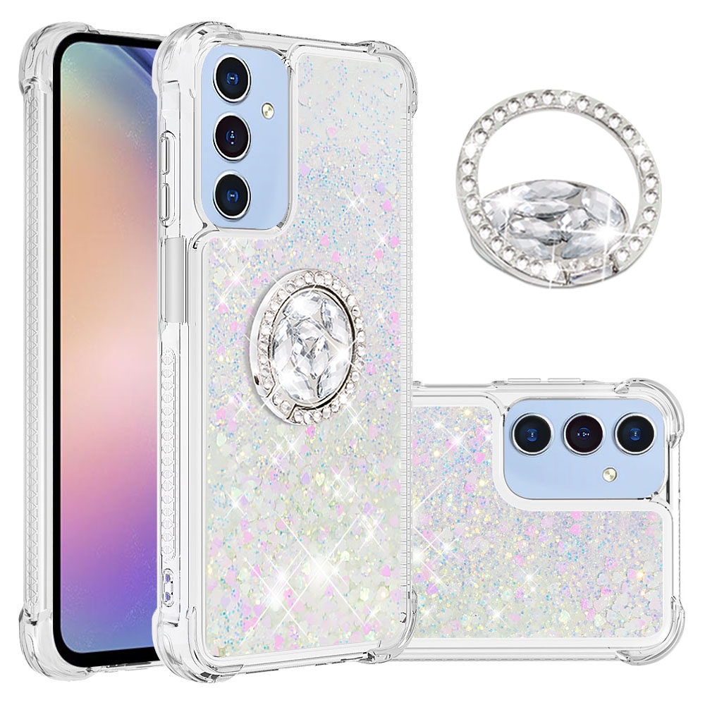 Glitt přesýpací gelový obal s kroužkem na prst na Samsung Galaxy A17 5G - růžovostříbrný/srdíčka