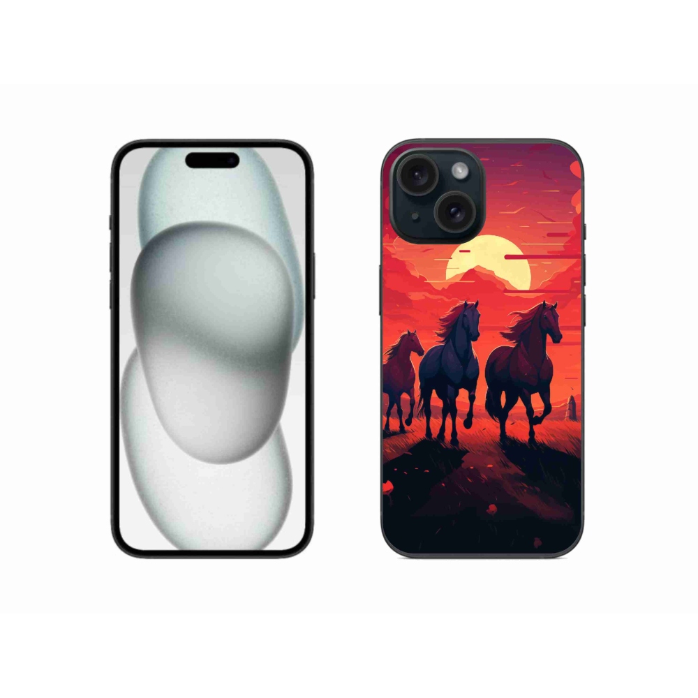 Gelový kryt mmCase na iPhone 15 - koně a západ slunce