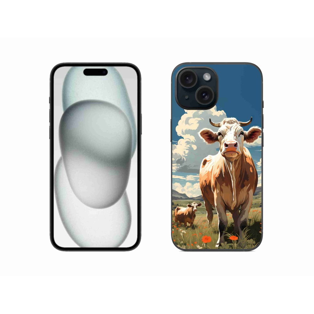 Gelový kryt mmCase na iPhone 15 - krávy na louce