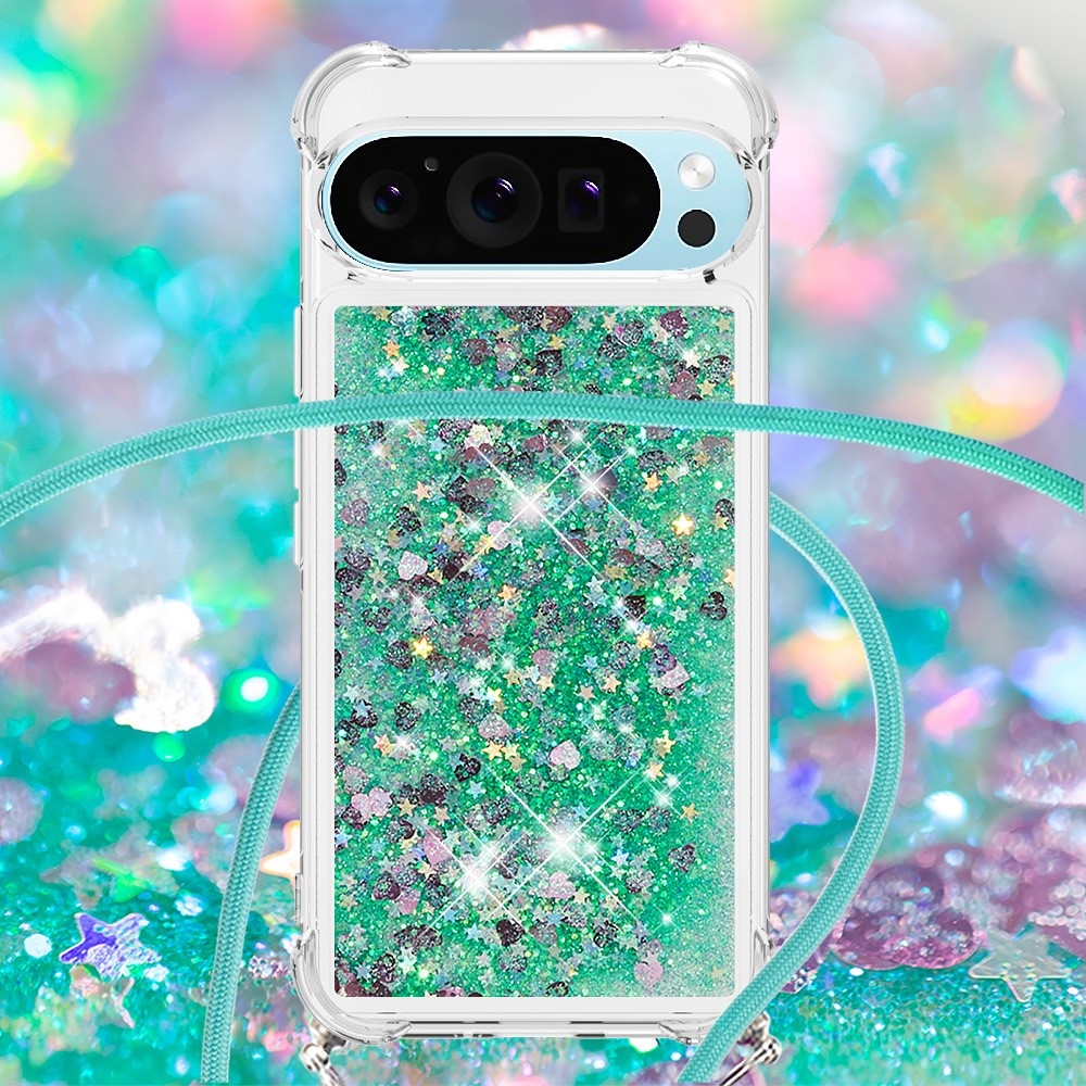 Glitters přesýpací gelový obal se šňůrkou na Google Pixel 10 Pro/Pixel 10 - zelený/srdíčka