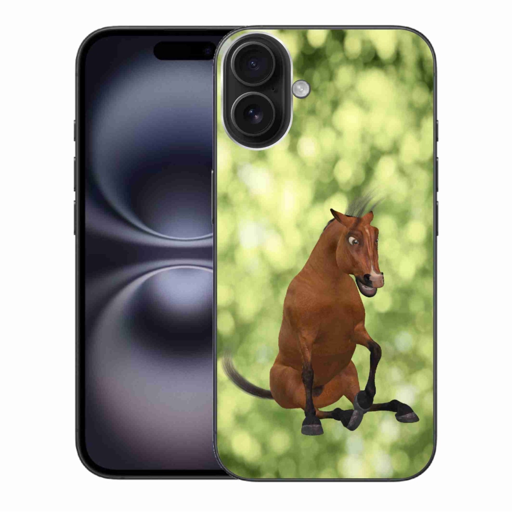 Gelový kryt mmCase na iPhone 16 Plus - hnědý kreslený kůň 1