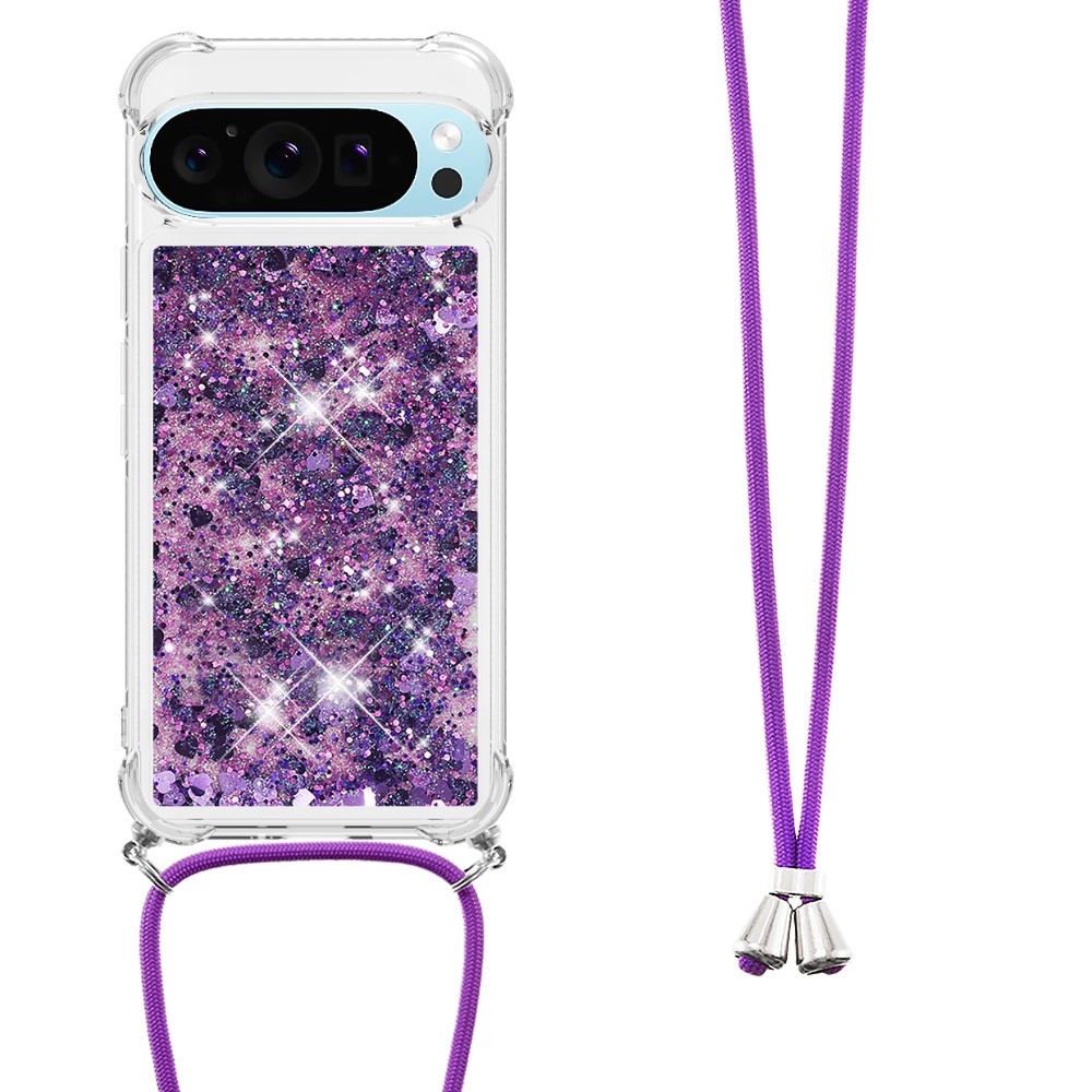 Glitters přesýpací gelový obal se šňůrkou na Google Pixel 10 Pro/Pixel 10 - tmavěfialový/srdíčka