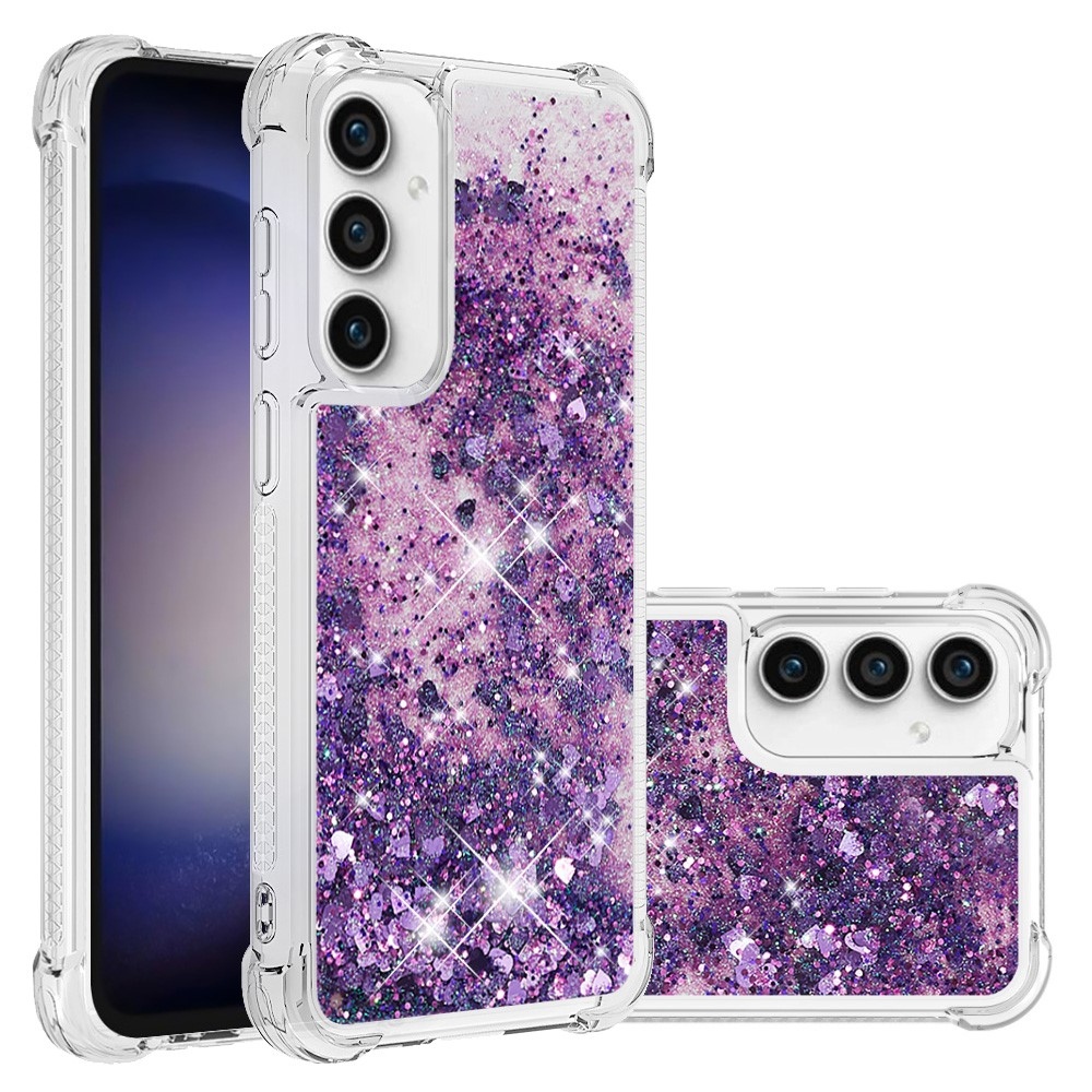 Glitter gelový přesýpací obal na Samsung Galaxy S23 FE - tmavěfialový/srdíčka