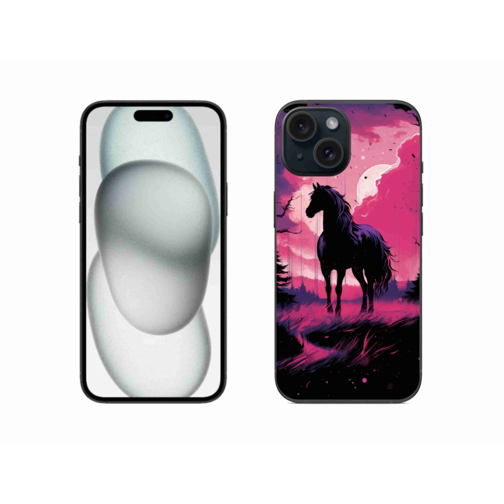Gelový kryt mmCase na iPhone 15 - černý kreslený kůň 1