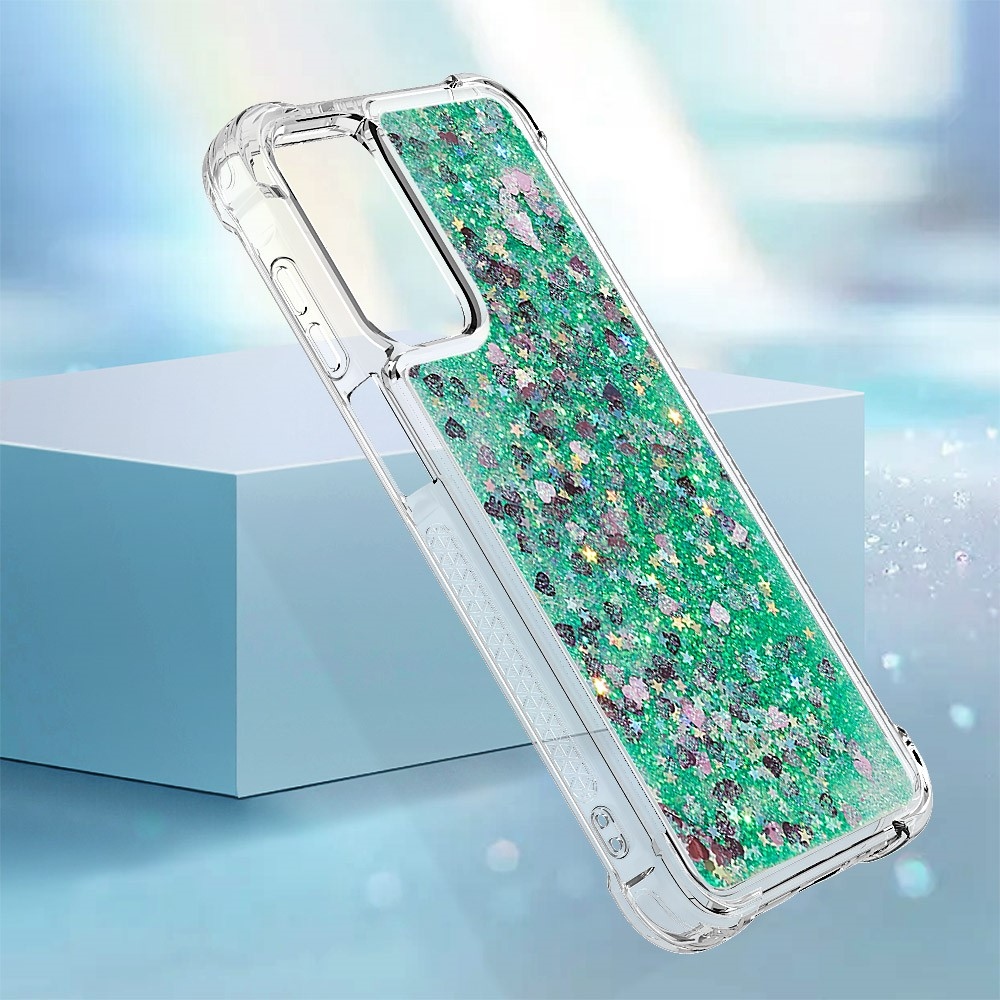 Glitter přesýpací gelový obal na Samsung Galaxy A26 5G - zelený/srdíčka