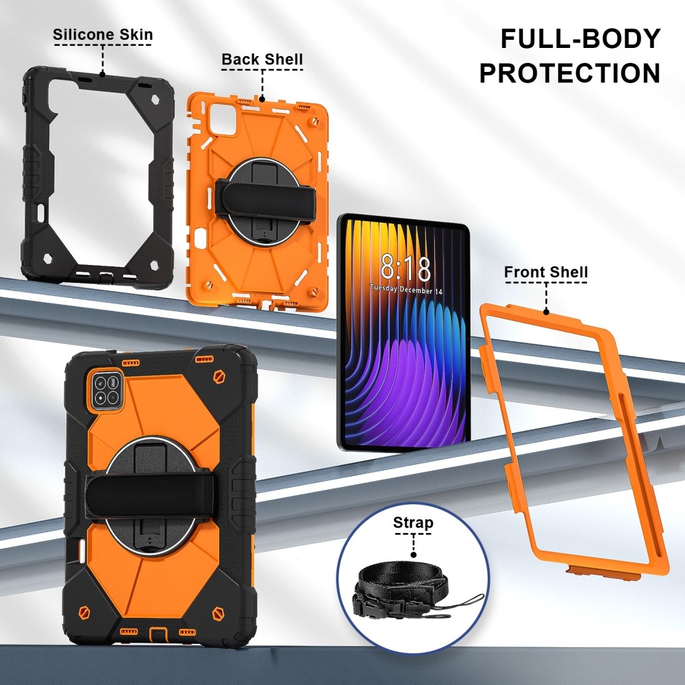Strap odolný kryt s držákem na ruku a ramenním popruhem na Xiaomi Pad 7/7 Pro - černý/oranžový