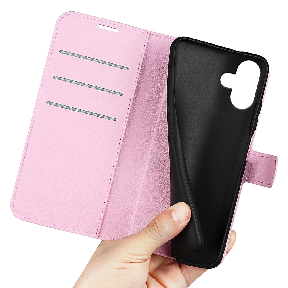 Litchi knížkové pouzdro na iPhone 16 Plus - růžové