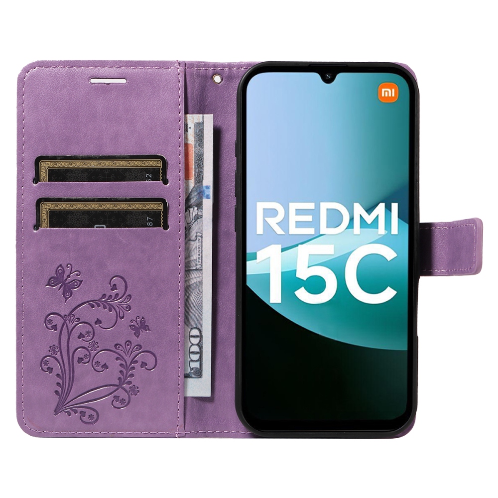 Big Butterfly knížkové pouzdro na Xiaomi Redmi 15C 4G/5G (173mm) - fialové
