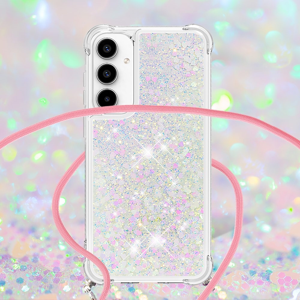 Glitters přesýpací gelový obal se šňůrkou na Samsung Galaxy A56 5G - růžovostříbrný/srdíčka