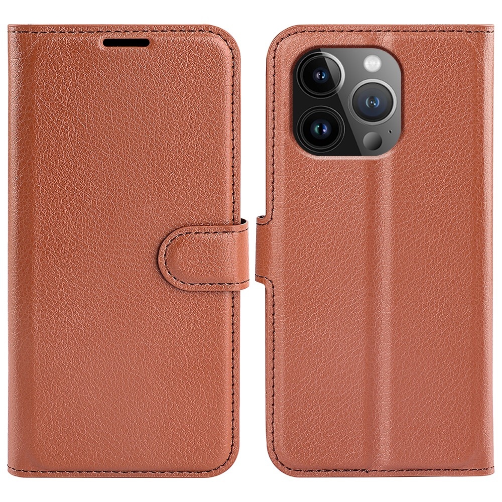 Litchi knížkové pouzdro na iPhone 15 Pro - hnědé