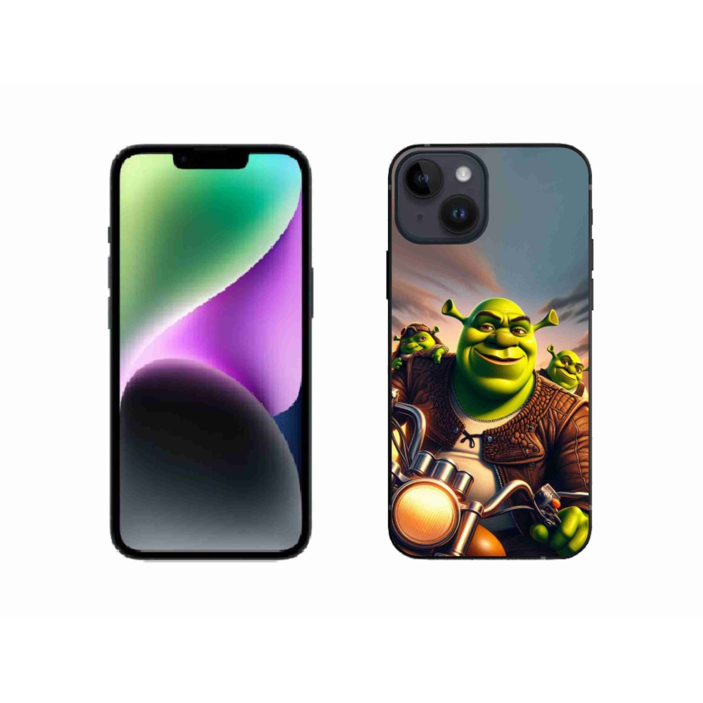 Gelový kryt mmCase na iPhone 14 - shrek na motorce