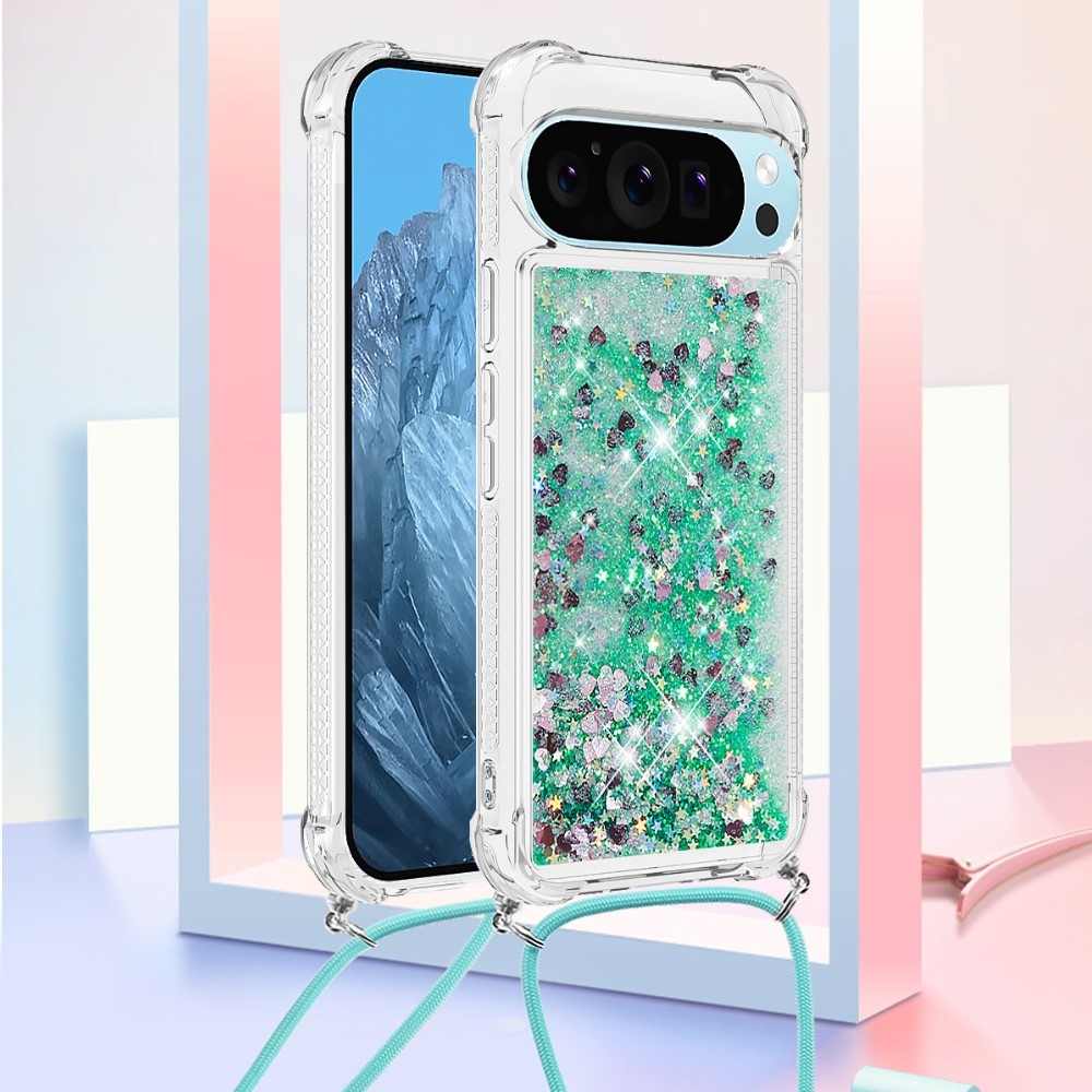 Glitters přesýpací gelový obal se šňůrkou na Google Pixel 10 Pro/Pixel 10 - zelený/srdíčka