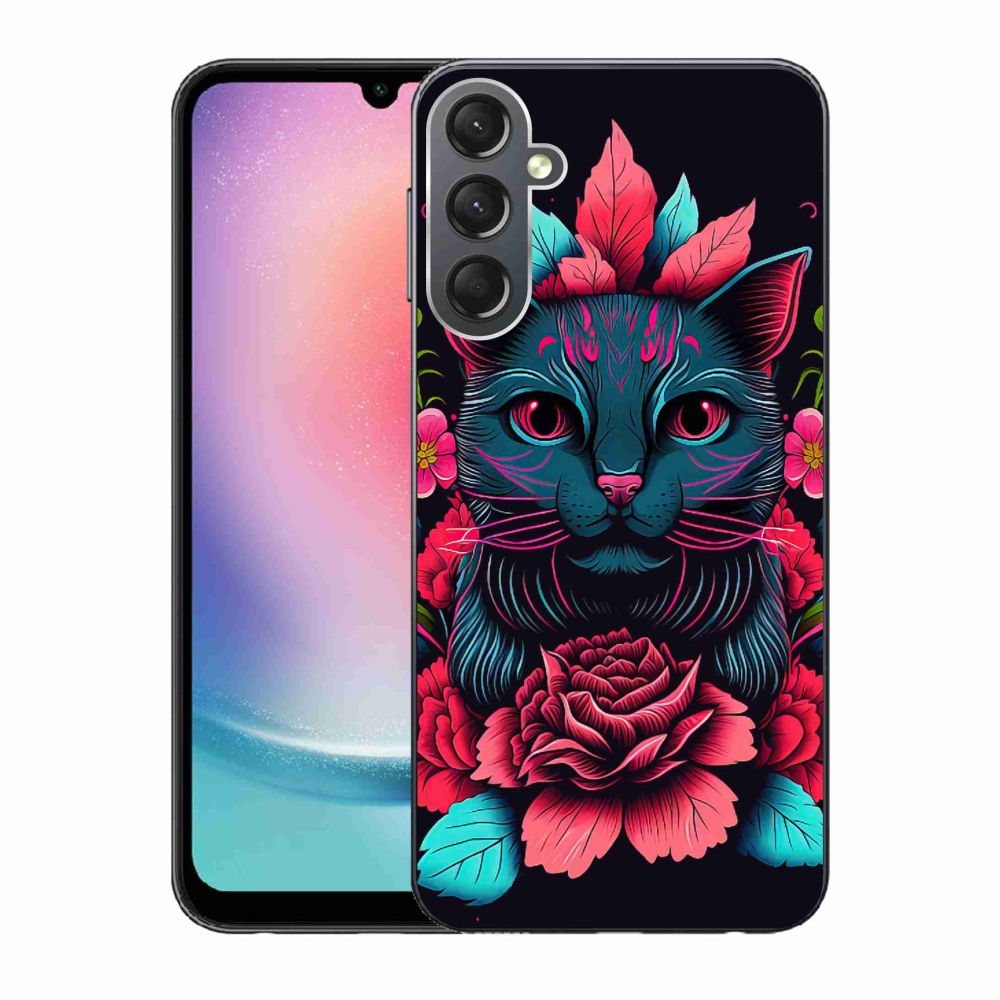 Gelový kryt mmCase na Samsung Galaxy A24 - květiny a kočka