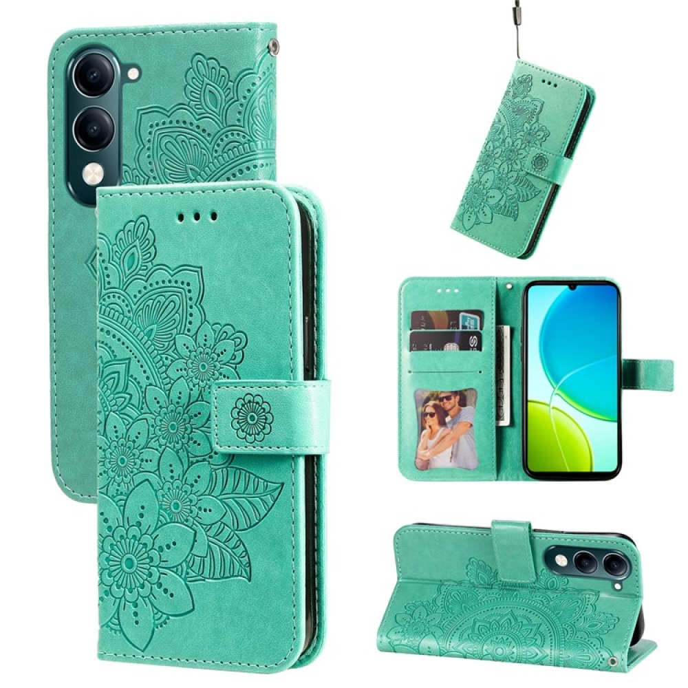 Floral knížkové pouzdro na Vivo Y29s 5G - modrozelené