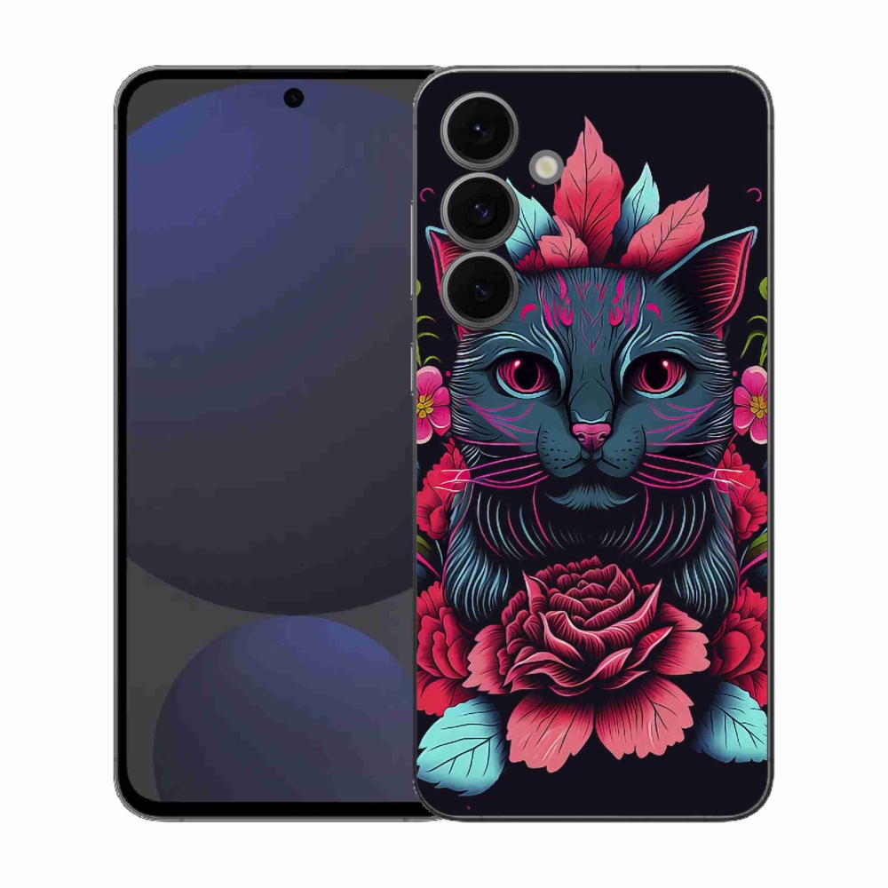 Gelový kryt mmCase na Samsung Galaxy S25 FE - květiny a kočka