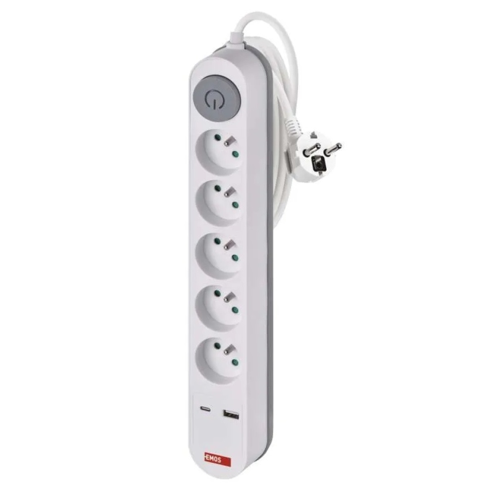 Prodlužovací kabel 3 m / 5 zásuvky / s vypínačem / bílý / 1×USB-A + 1×USB-C / 1,5 mm2