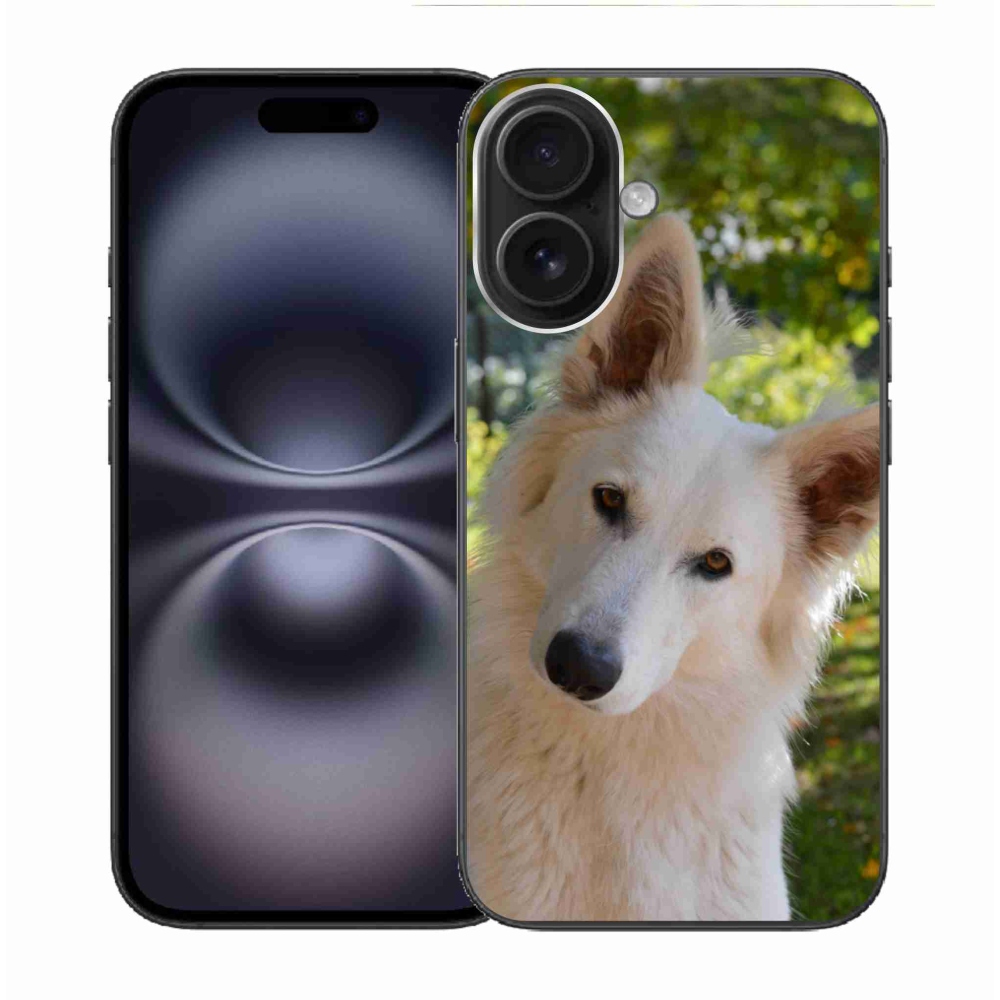 Gelový kryt mmCase na iPhone 16 - bílý švýcarský ovčák 1
