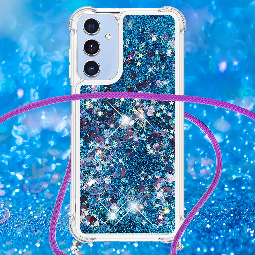Glitters přesýpací gelový obal se šňůrkou na Samsung Galaxy A17 5G - modrý/srdíčka