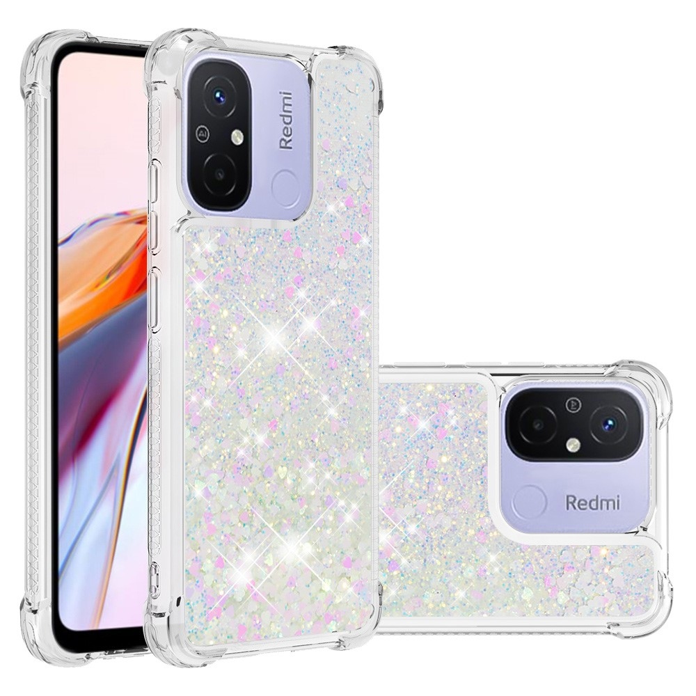Glitter přesýpací gelový obal na Xiaomi Redmi 12C - růžovostříbrný/srdíčka