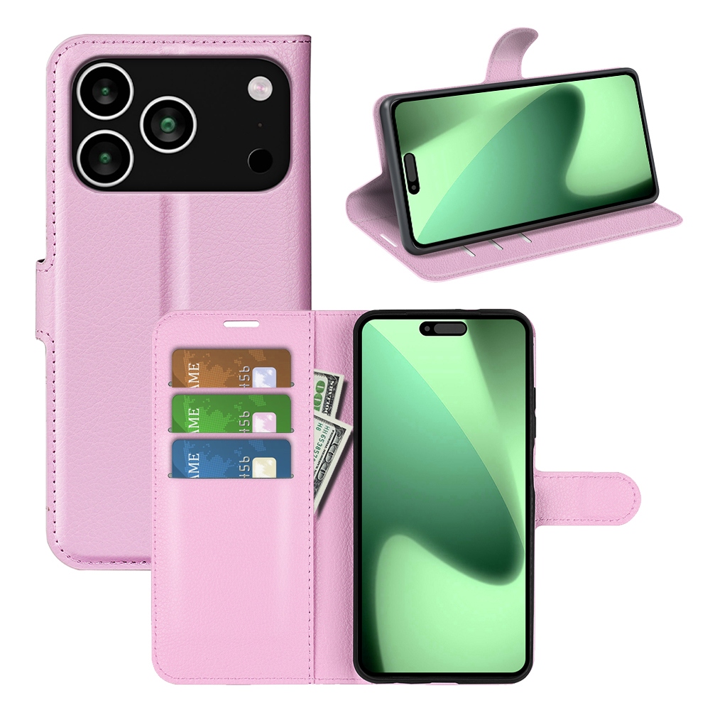 Litchi knížkové pouzdro na iPhone 17 Pro - růžový