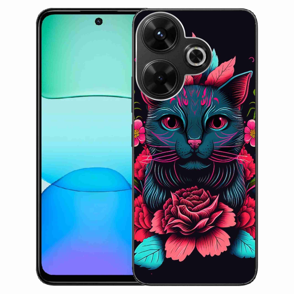 Gelový kryt mmCase na Xiaomi Redmi 13 4G/Poco M6 4G - květiny a kočka