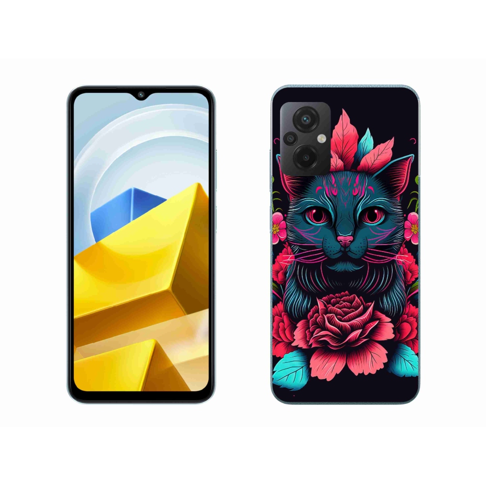 Gelový kryt mmCase na Xiaomi Poco M5 4G - květiny a kočka