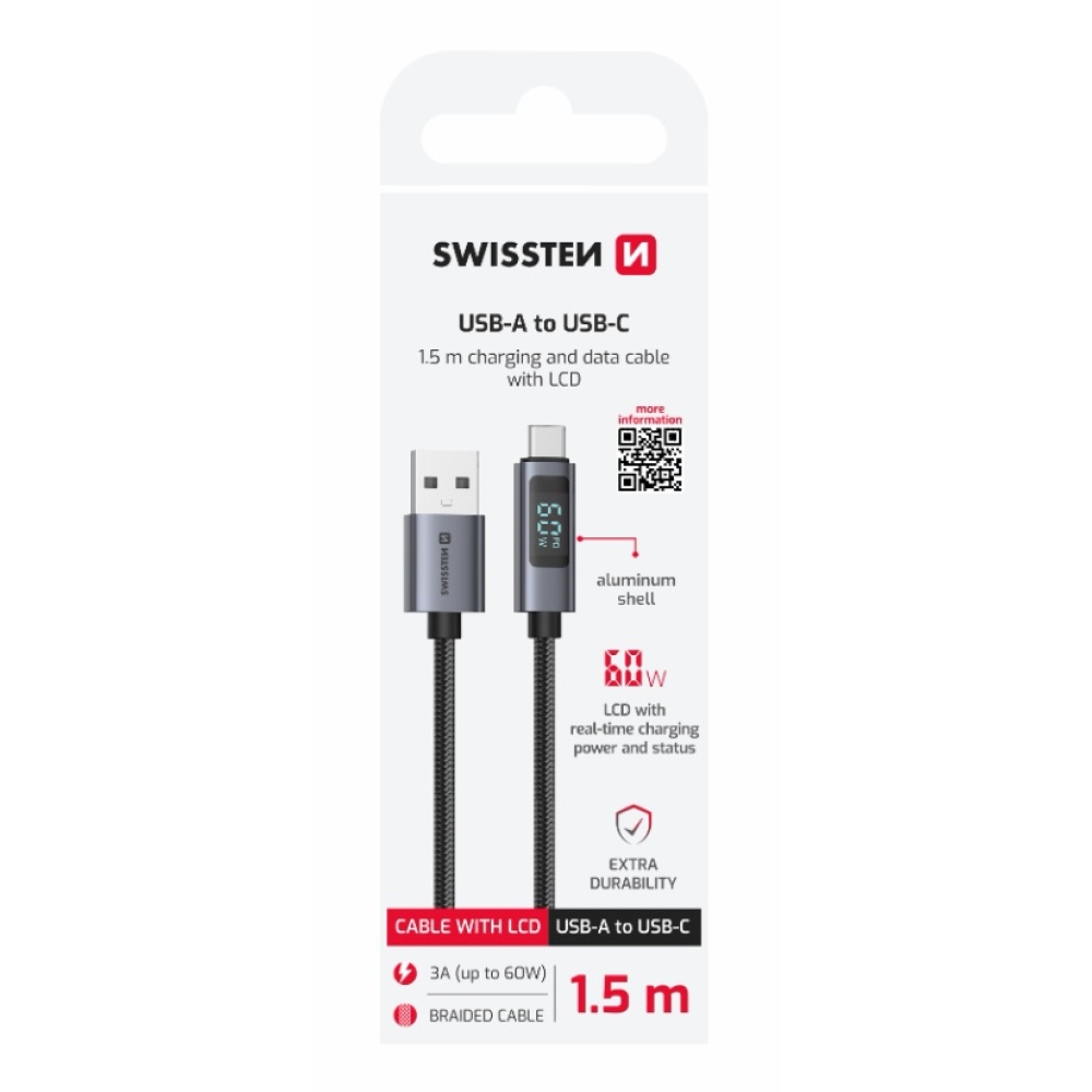 Swissten LCD kabel USB-A / USB-C 1,5m