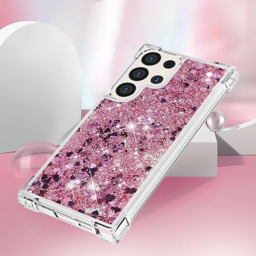 Glitter přesýpací gelový obal na Samsung Galaxy S24 Ultra - růžovozlatý/srdíčka