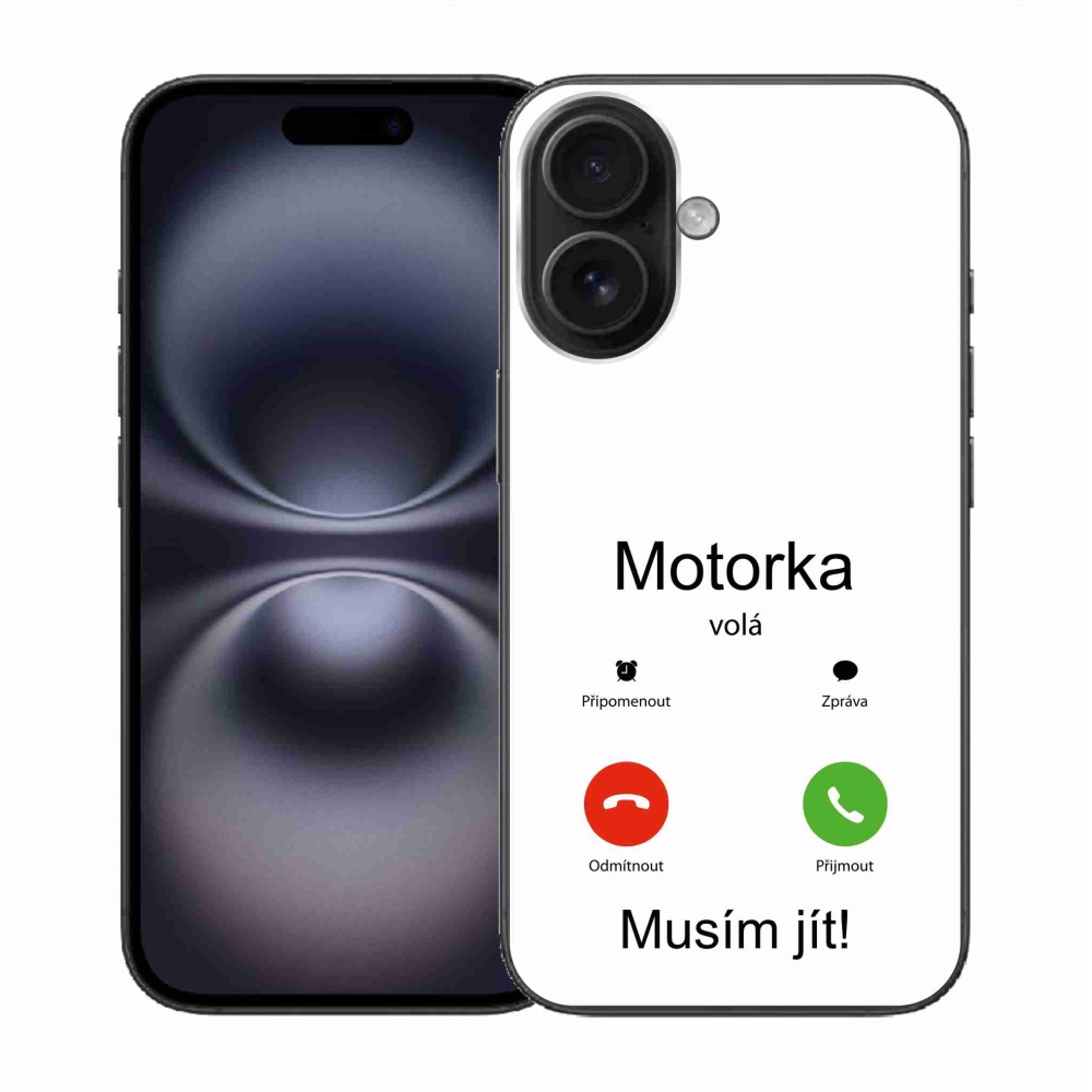 Gelový kryt mmCase na iPhone 16 - motorka volá bílé pozadí