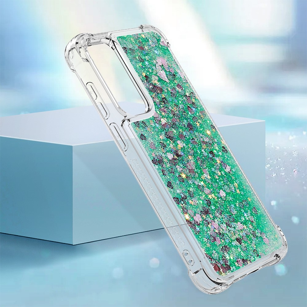 Glitter přesýpací gelový obal na Samsung Galaxy A56 5G - zelený/srdíčka