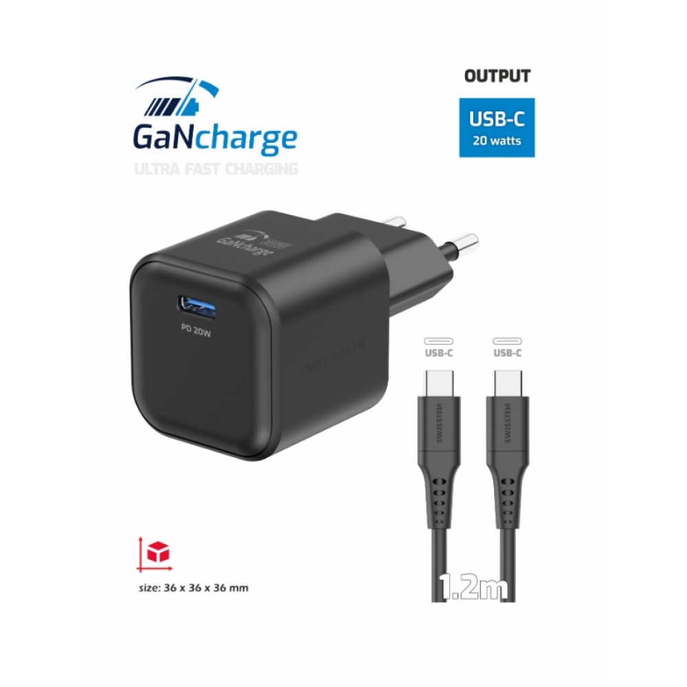 Nabíječka Swissten GaN 1x USB-C 20W Power Delivery + kabel USB-C/USB-C 1,2m - černá