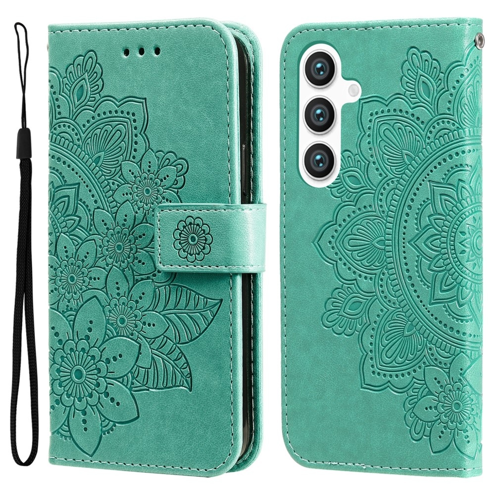 Floral knížkové pouzdro na Samsung Galaxy S25+ - modrozelené