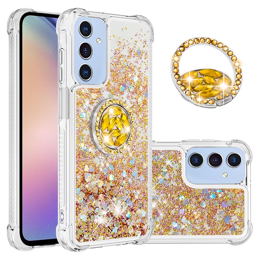 Glitt přesýpací gelový obal s kroužkem na prst na Samsung Galaxy A17 5G - zlatý/srdíčka